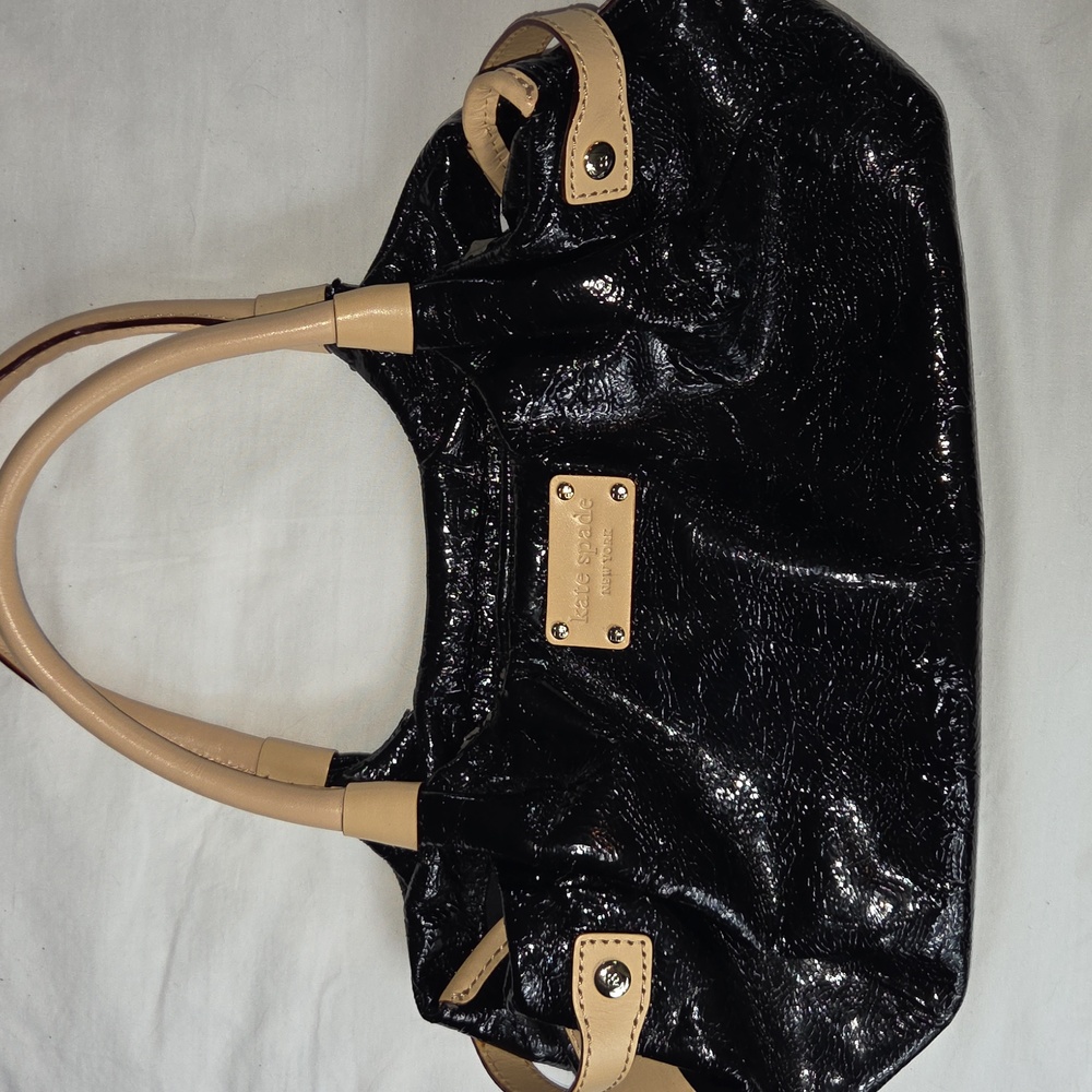 Kate Spade NY Glossy Black & Tan W/ Polka Dots Handbag Purse Shoulder Bag